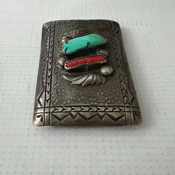 Vintage Old Pawn Silver, Turquoise, & Coral Belt Buckle